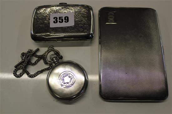 2 silver cigarette cases & pocket watch